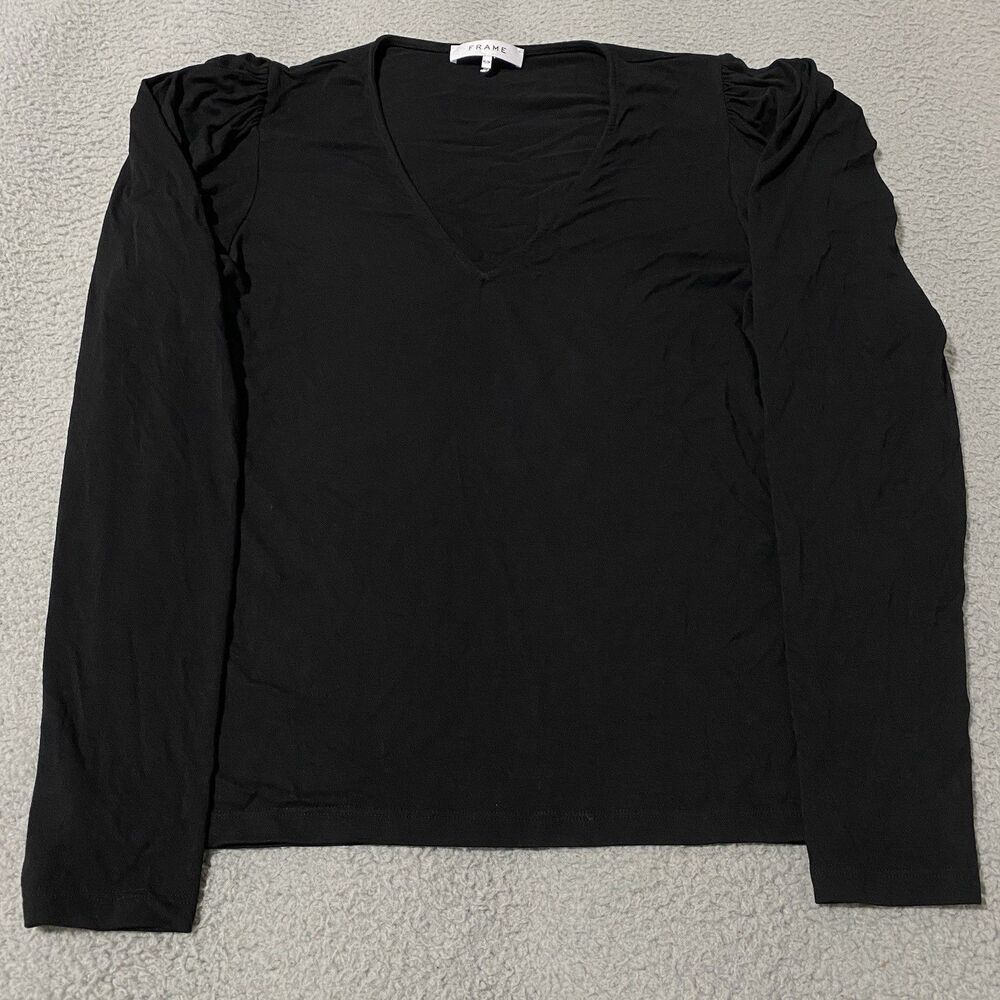 Frame Top Womens Medium Black V Neck Long Puff Sleeve Quiet Luxury Dark Academia